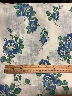 Vintage 1950’s Cotton Voile Fabric White W/ Blue Roses ~ By The Yard NOS • $15