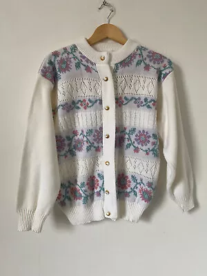 Vintage Jumper Medium 12 14 White Fair Isle Button Carigan Floral Stripe Knit  • £7.99