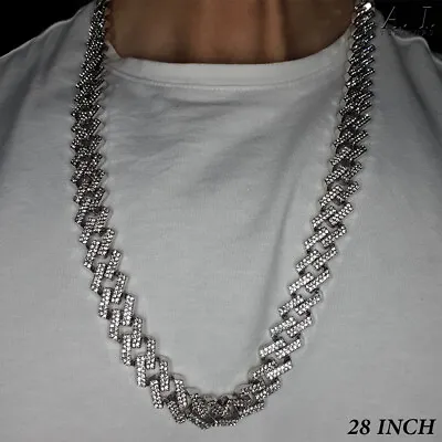 14MM Iced Cuban Link Chain DIAMOND PRONG Miami Ice Cubic Zirconia Necklace • £12.99