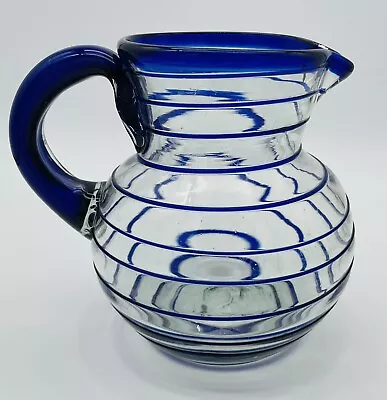 Mexican Glass Handblown Pitcher With Cobalt Spiral Strips Summer Drinks EUC • $40