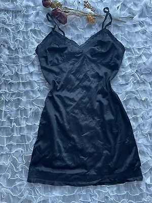 Vintage Retro Black Nylon Floral Lace Mini Slip Dress Petticoat S Fairy Goth • $30