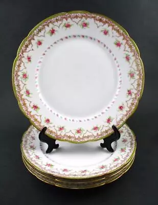 4 - LIMOGES Dinner Plates - Pink Roses GOLD  LACE  Green Edge - J.Pouyat FRANCE • $79.99