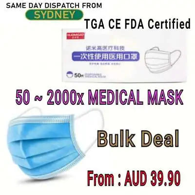 Disposable Face Mask Medical Surgical Protective Face Mask 50-2000pc 3Ply TGA CE • $116.99