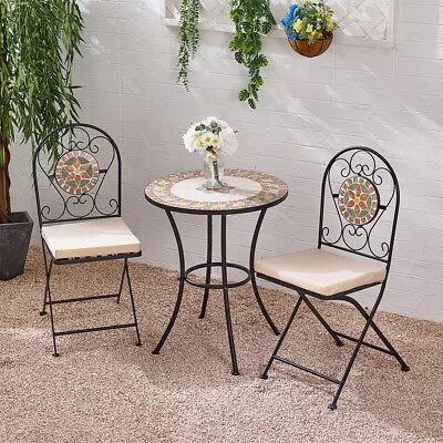 Outdoor Garden Mosaic Table And 2 Foldable Chairs Bistro Patio Furniture Set • £59.95