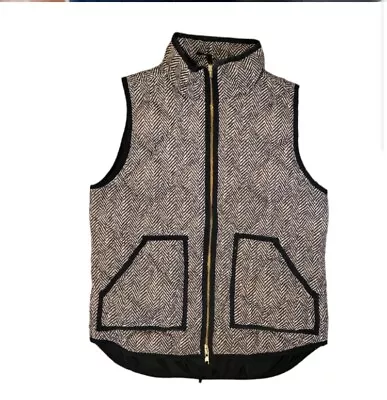 J Crew Excursion Quilted Down Vest Black Tan Herringbone Gold Zip Small-Medium • $30