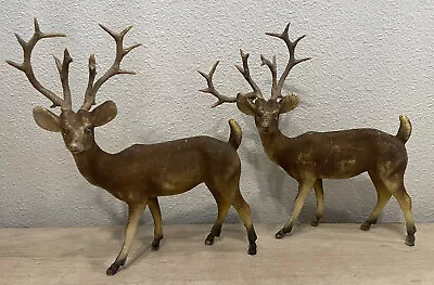 Vintage Flocked Brown Deer BUCK Set Of 2 Plastic Antler 8 X 8.5” Christmas Decor • $39.99