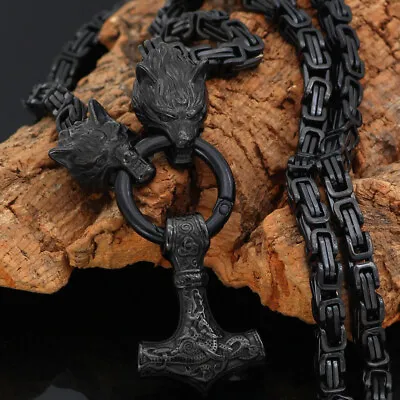 Men's Black Norse Viking  Stainless Steel Wolf &Thor Hammer Pendant Necklace  • $8.99