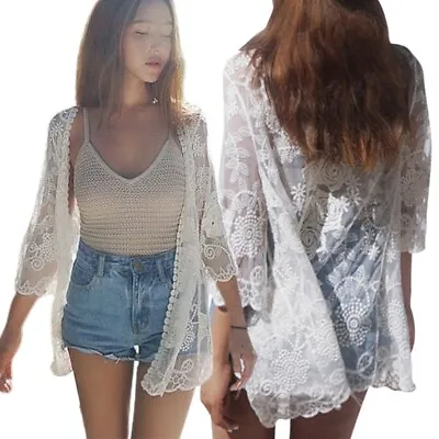 Women Lace Open Front Kimono Cardigan Crochet Floral Sheer Mesh Beach Cover Up • $21.47