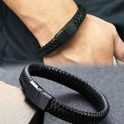 Black Bracelet Men's Braided Leather Bangle Stainless Steel Cuff Wristband • $7.99