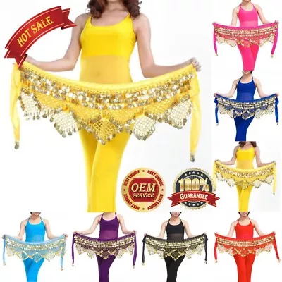 Belly Dance Belt Hip Scarf Skirt Costume Wrap Gold Coins Band Gemstone Velvet • £12.38