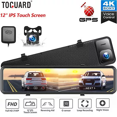 TOGUARD 12 4K Mirror Dash Cam GPS Touch Screen Rearview Car Camera Voice Control • $169.88