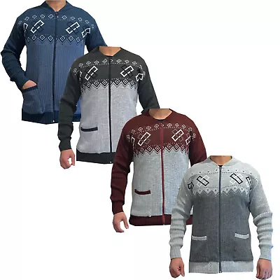 Mens Classic Design Full Zip Argyle Knitted Knitwear Grandad Jumper Cardigan Top • £13.99