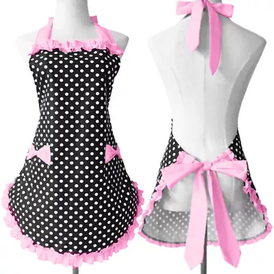 Lady Kitchen Polka Dots Halter Neck Apron With Pockets Cooking Baking Workwear • $29.36