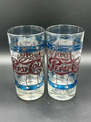 2 Vintage Pepsi Cola Drinking Glasses Tiffany Style Stained Glass Design 1970s • $13.50