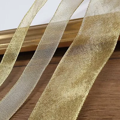 SHINY ORGANZA GOLD WIRED EDGE RIBBON Thin-Wide Craft Wedding Cake Trim Per Metre • £1.98