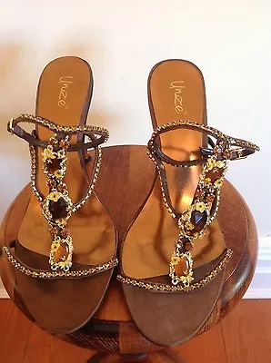 Womens Stiletto Shoes Uk 6 Brown Gold Amber  Diamonte Stunning • £12.50