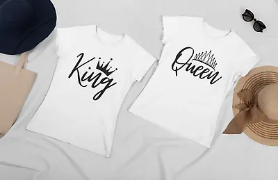 King Queen Couple T Shirt Set Funny Couple Gift Engagement Christmas Anniversary • £14.99