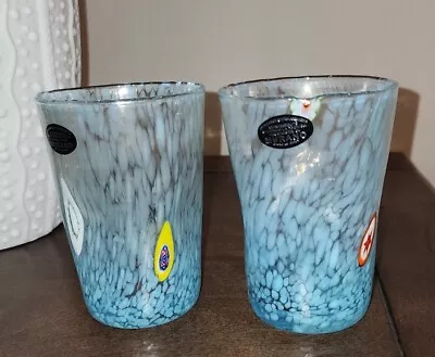 Set Of New Blue And Clear Murano Millefiore Pinched Drinking Glasses • $24.99