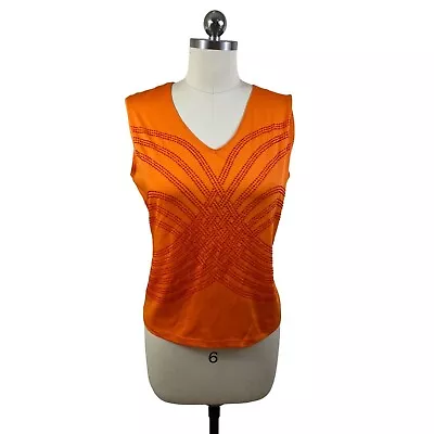 MKM Designs Y2K VTG Womens Top M-L Orange Sequin V-Neck Sleeveless Mod Boho • $16.97