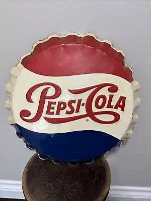 Vintage Pepsi-Cola Bottle Cap 18” Round Metal 1950-60 Stout Sign USA M-114-P3 • $222.50