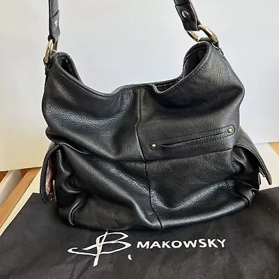 B Makowsky Large Black Leather Shoulder Bag With Gold Hardware Orig Dust Bag EUC • $35