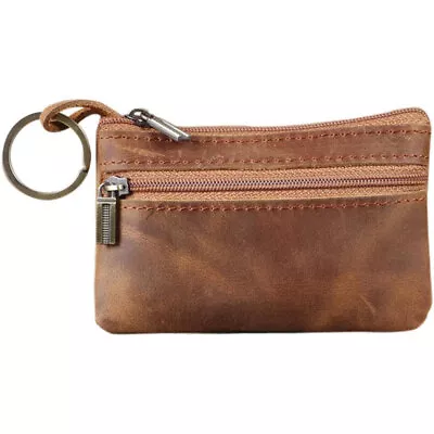 Brown Soft Men Women Card Coin Key Holder ZIP Genuine Leather Wallet Pouch Bag# • $10.98