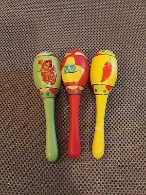 Set Of 3 Vintage Hand Painted Wooden Colorful Maracas Percussion Instruments  • $10