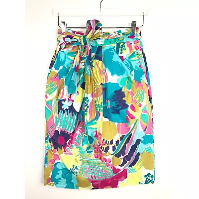 J. Crew Skirt Women 4 Blue Pink Yellow Floral Swiss Dot Colorful Tie Belt Pocket • $24.95