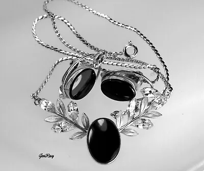 Vintage Van Dell Sterling Silver Onyx Crystal Leaves Necklace & Clip-on Earrings • $73.94