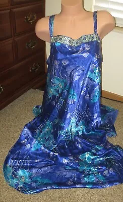 CALIFORNIA DYNASTY ROYAL BLUE  FLORAL SATIN  Bias LONG Night Gown Sz XL / 1 X • $29.99