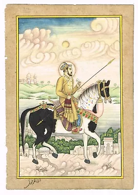 Emperor On Horse Mughal Painting Handmade Finest Detailed Art 5.25x7.5 Inches • $194.99