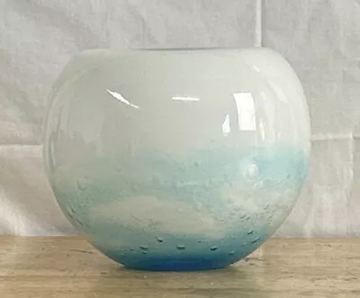 Hand Blown Heavy Art Glass Vase White & Blue Bubbles Sea Foam Vintage • $34.50