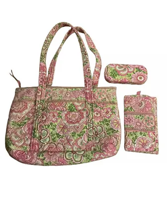 Vera Bradley Retired Print Petal Pink Shoulder Bag Tote W Wallet & Eyeglass Case • $55