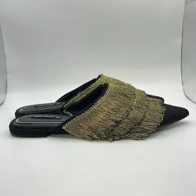 NWT Zara Basic Slip On Mules Sandals Black Gold Fringe Womens Size 37 6.5 • $36