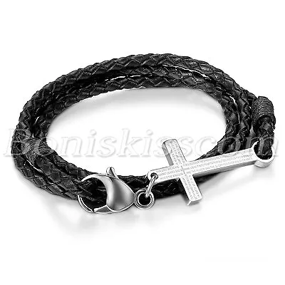 Men Women Retro Multilayer Leather Bible Lords Prayer Cross Bracelet Bangle Cuff • $7.99