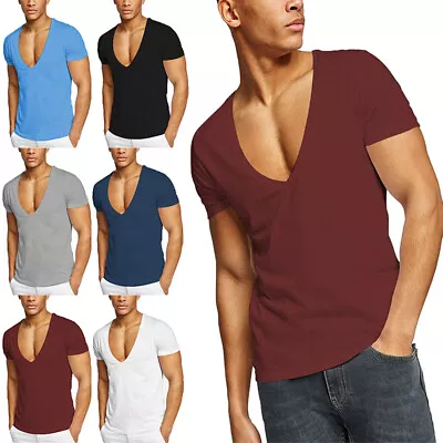 100% Cotton Mens Deep V Neck Short Sleeve T Shirt Casual Solid Club Summer Tops • $16.99