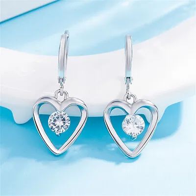925 Sterling Silver Plated CZ Love Heart Dangle/Drop Hoop Earrings Women Gift UK • £3.16