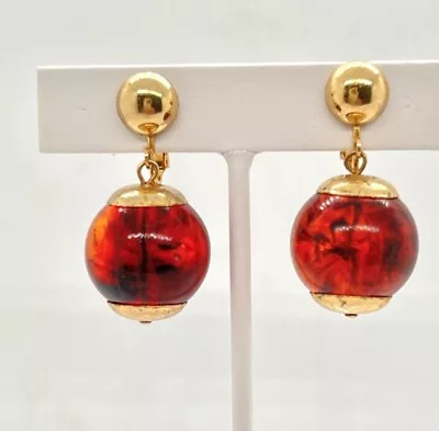 Judy Lee Amber Ball Gold Toned Dangle Earrings Gripoix Vintage 1960’s Signed • $16