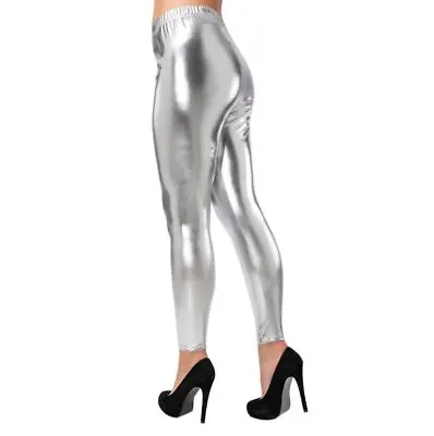 Ladies SILVER LEGGINGS RETRO Pants Trousers Disco Diva 70s Abba Dancing Queen • £10.95