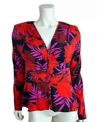 Veronica Beard Floral Silk Top Size 4 Pevero Ruched Button Poppy Print Vneck • $49.99