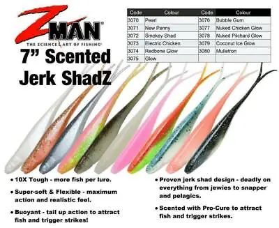 Zman Scented 7  Jerk ShadZ Soft Plastic Fishing Lure Z Man Zman - Choose Colour  • $11.99