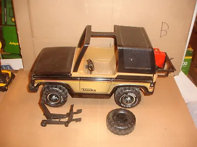 Vintage Metal Tonka Bronco Blazer Jeep USA Black/Gold W/ Jack Spare Fuel Can • $45