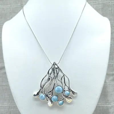 Hagit Sterling & Larimar Necklace Cabochons Set In Free Flow Wavy Pendant 18  • $139.99