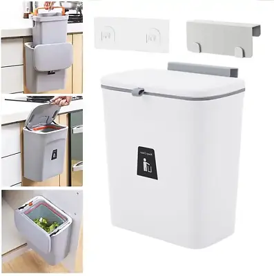 Hanging Kitchen Waste Bin With Lid Wall Mounted Over Door Cupboard Trash Can 9L  • £9.95