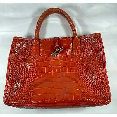 Longchamp Terracotta Roseau Croc Embossed Leather Toggle Top Handle Tote Purse • $180