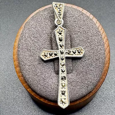 Solid Sterling Silver 925 Fine Marcasite Cross Pendant Size 1.75'' Length • $27