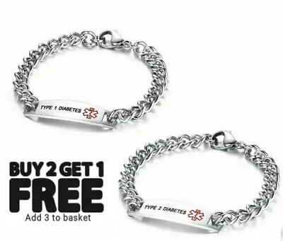 Diabetic Medical Alert Bracelet Type 1 2 Diabetes Stainless Steel Personalised • £6.99