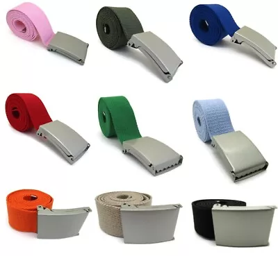 Unisex Cotton Fabric Plain Canvas Brushed Silver Buckle Belt Up To Size 16 38   • £4.79