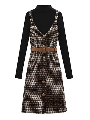 Womens Tweed Pinafore Dress With Soft Knitted Jumper And Belt Set • £39.99