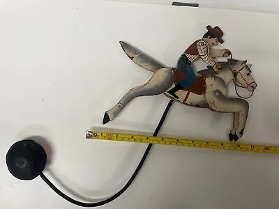 VINTAGE FOLK ART COWBOY ON HORSE METAL BALANCE SWING TOY (with Handmade Stand) • $59